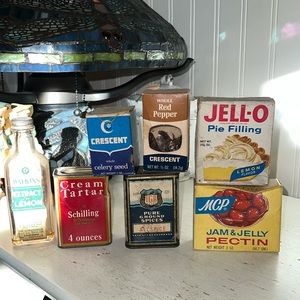 Antique Vintage spice tins jars Jello pectin for display